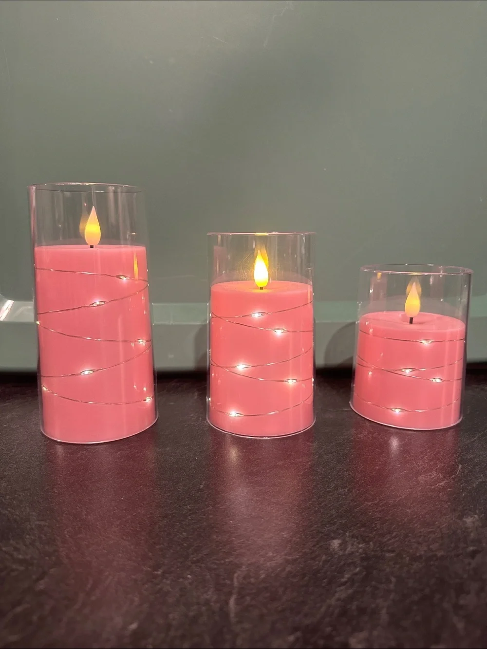 Pink LED Flameless Pillar Candles with Clear Glass Hurricane - Set of 3